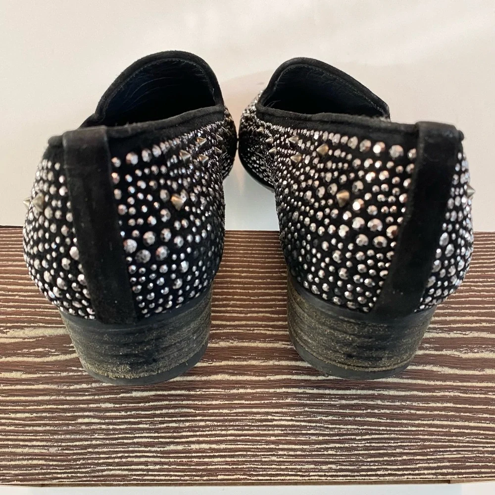 Stuart Weitzman Slipbead Studded Stud Loafer Smoking Slipper Black Silver Sz 8
